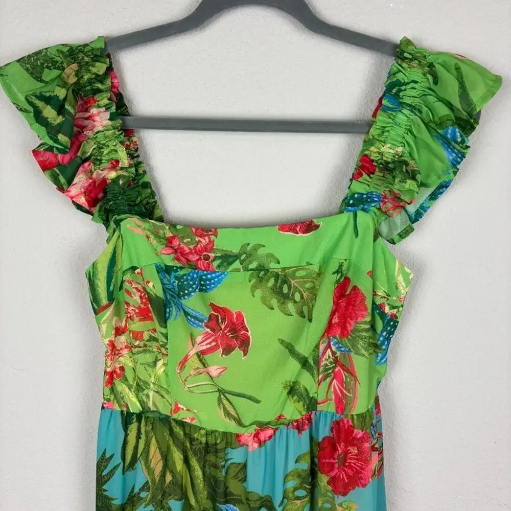 Avara Ivy Floral Tiered Maxi Dress Small Tropical Hawaiian Resort Smocked Back - Picture 4 of 13